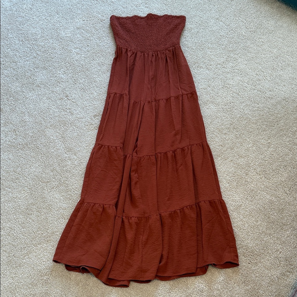 Cider Strapless Wide Leg Jumpsuit in Rust
